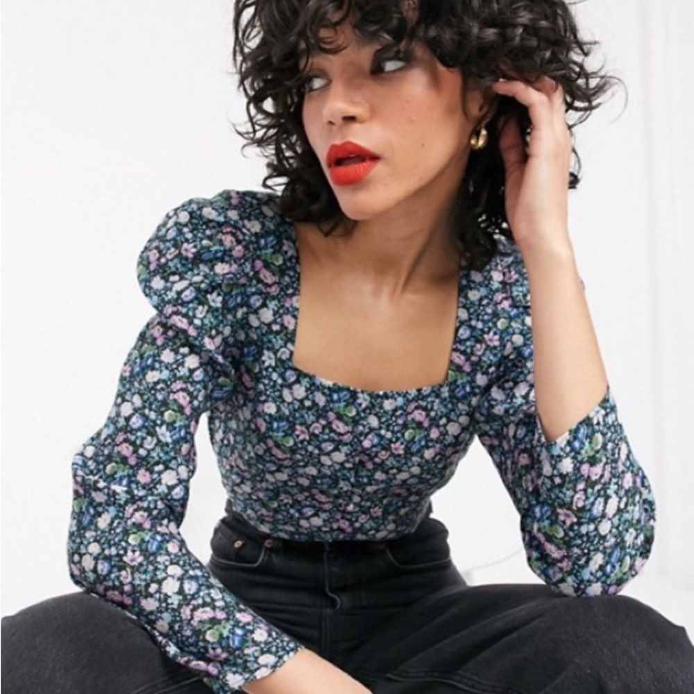 & Other Stories Floral Puffed Sleeve Square Neck Blouse, Women’s 8